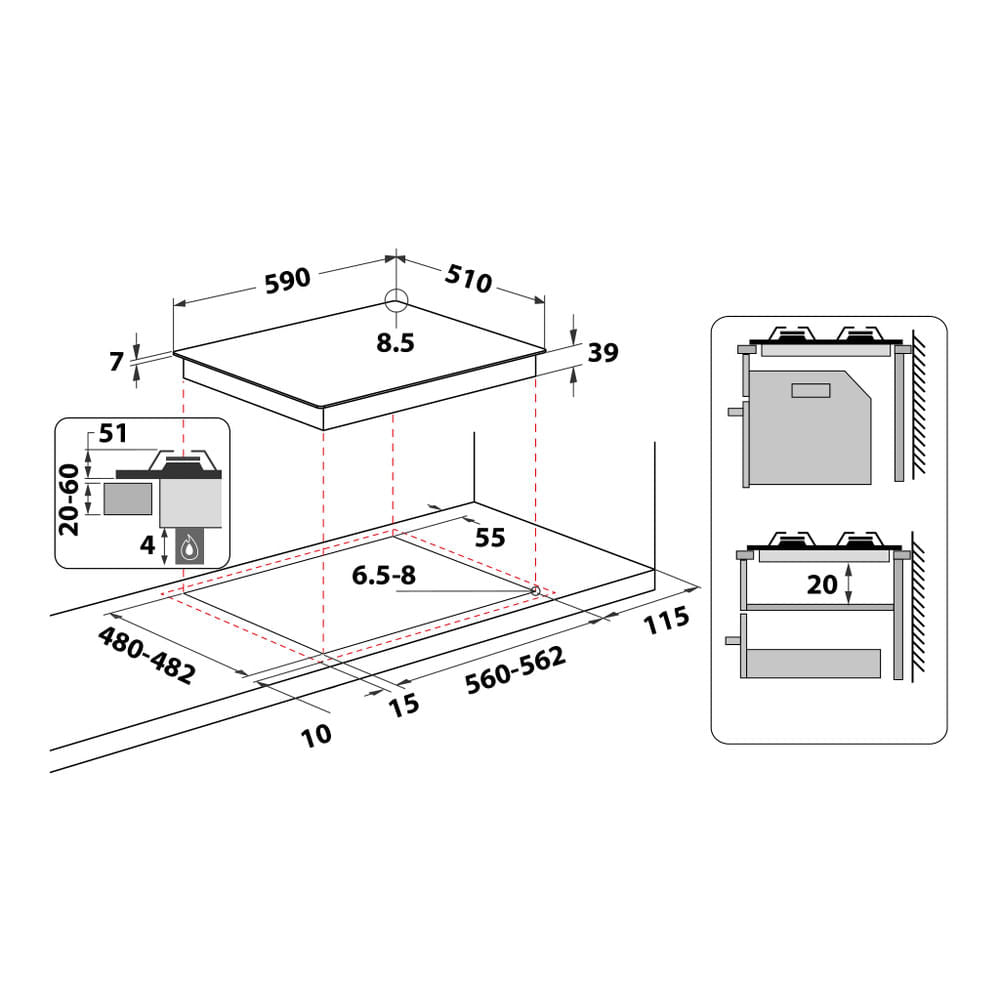 Whirlpool GMAL 6422/IXL Aço inoxidável Encastre 59 cm Gás 4 zona(s)