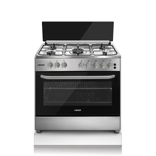 Fogão a Gás com Forno Elétrico HAEGER 90×60 - 112 L, 4 Zonas, 1 Wok, Convecção, Inox/Cinzento