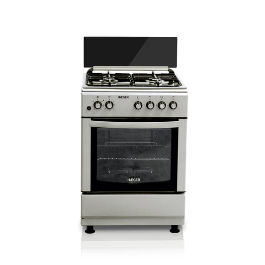 Fogão a Gás com Forno Elétrico HAEGER 60×60 - 64 L, 4 Zonas, Inox/Cinzento